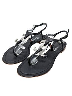 Chanel Big Logo Filigree Thong T-Strap Flat Sandal Black Leather Silver 38 | 7.5
